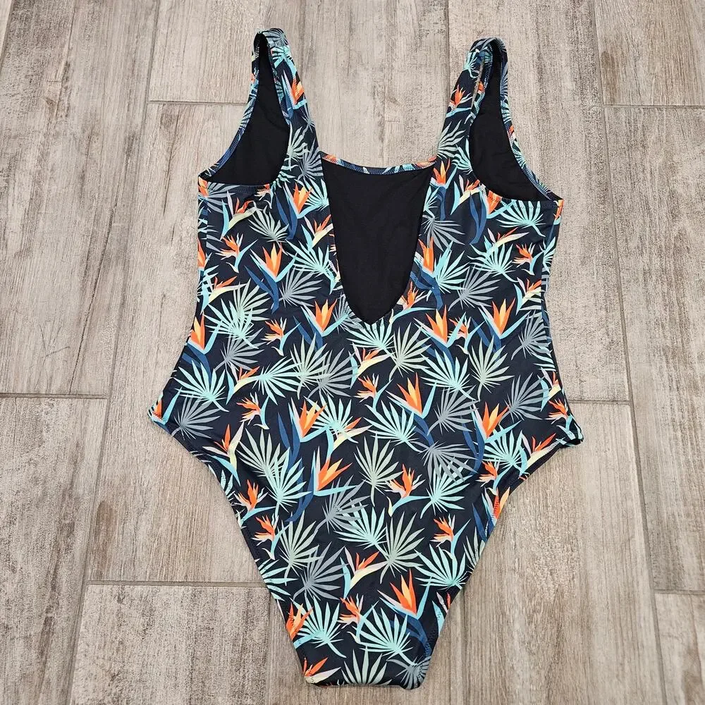 MeUndies Tropical Palms One Piece Swimsuit‎ Womens XL Bird of Paradise Navy